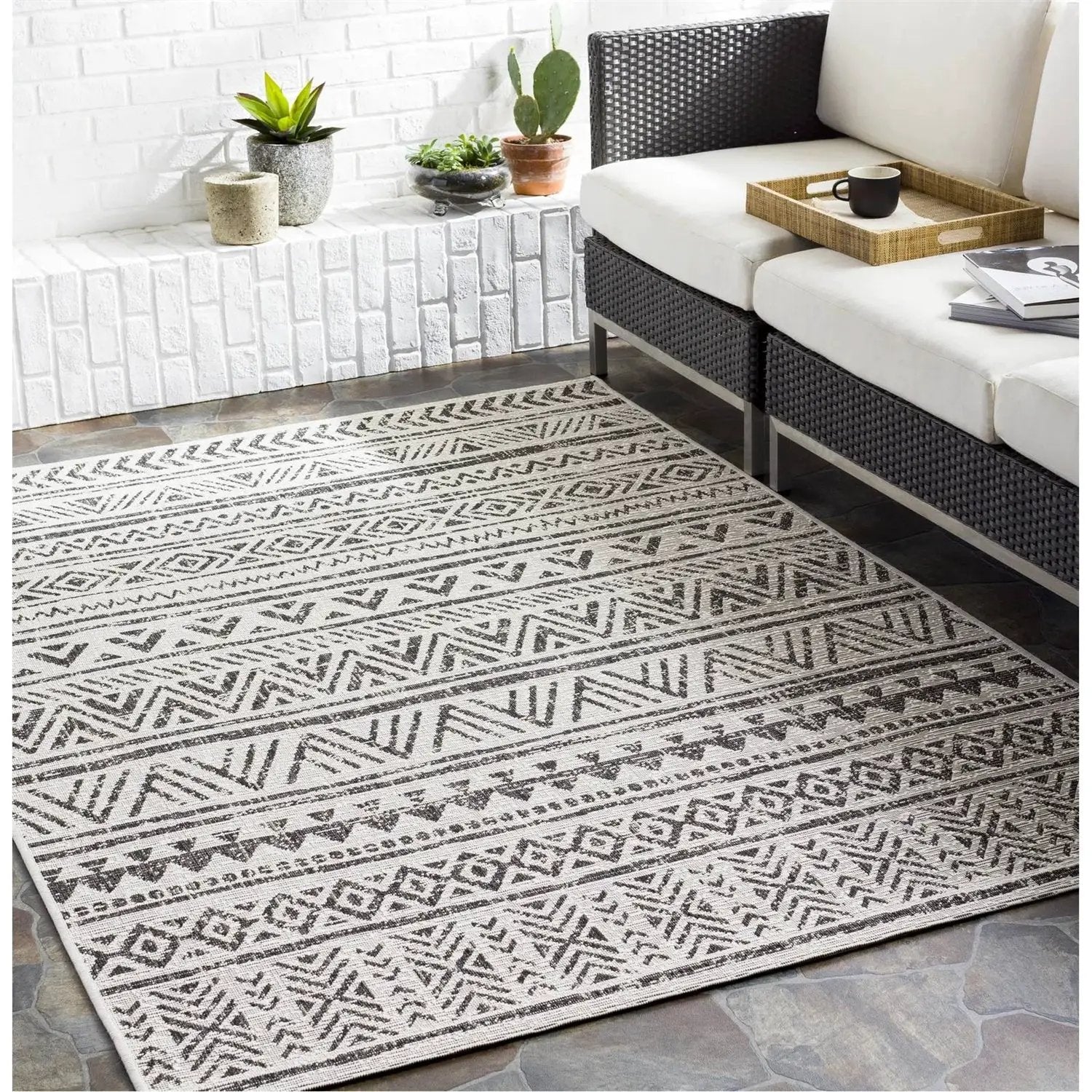 5 ft. x 8 ft. Black Off-White Chevron Coastal Boho Style Indoor Outdoor Area Rug by HomePacific
