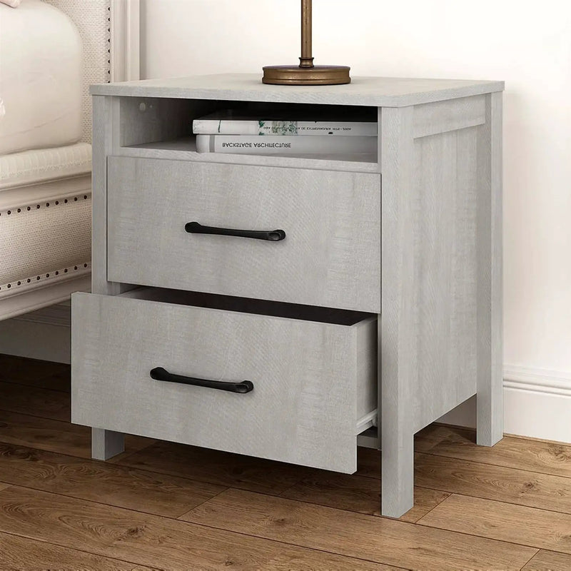 Modern Farmhouse Bedroom 2-Drawer Bedside Table Nightstand in Grey Wood Finish by HomePacific