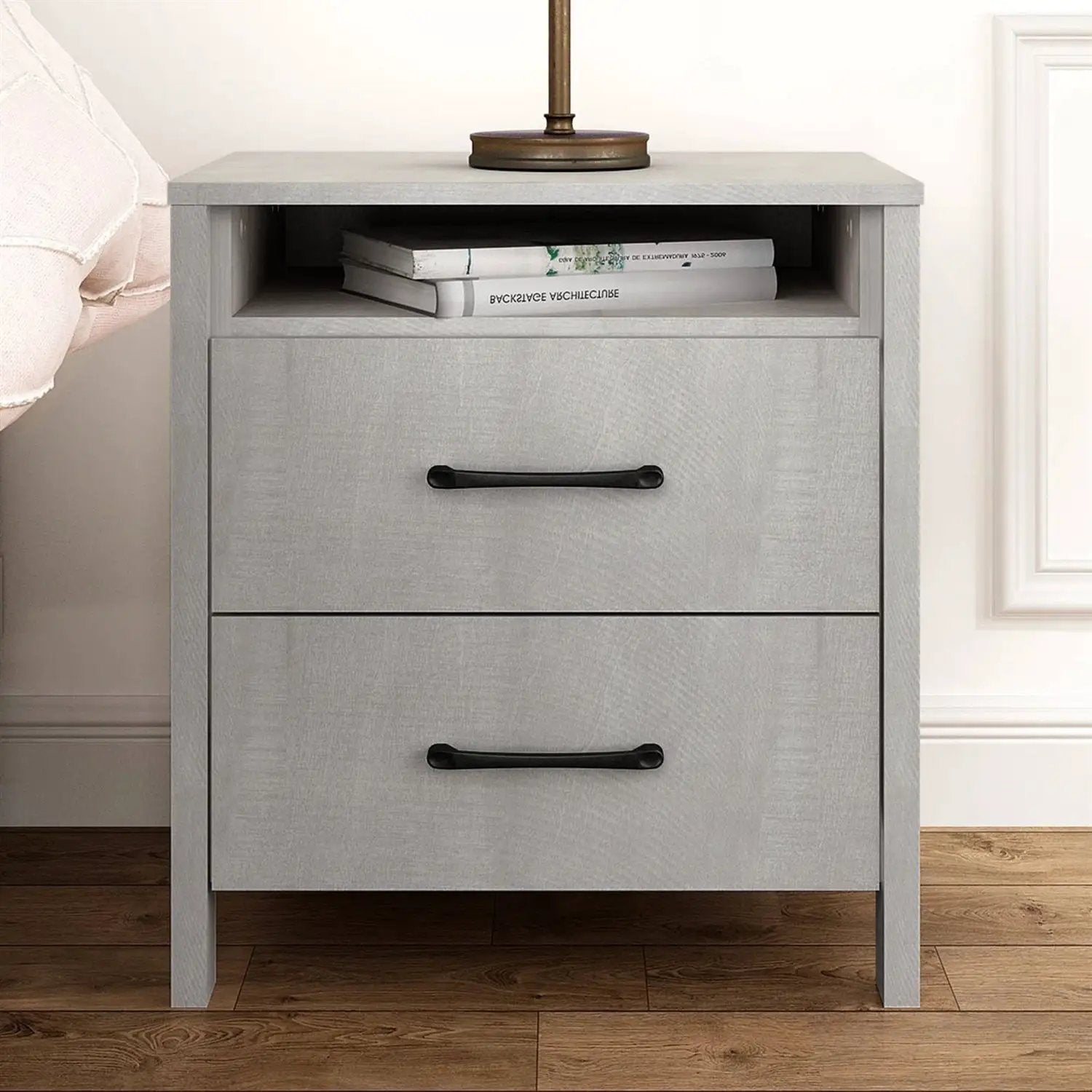 Modern Farmhouse Bedroom 2-Drawer Bedside Table Nightstand in Grey Wood Finish by HomePacific
