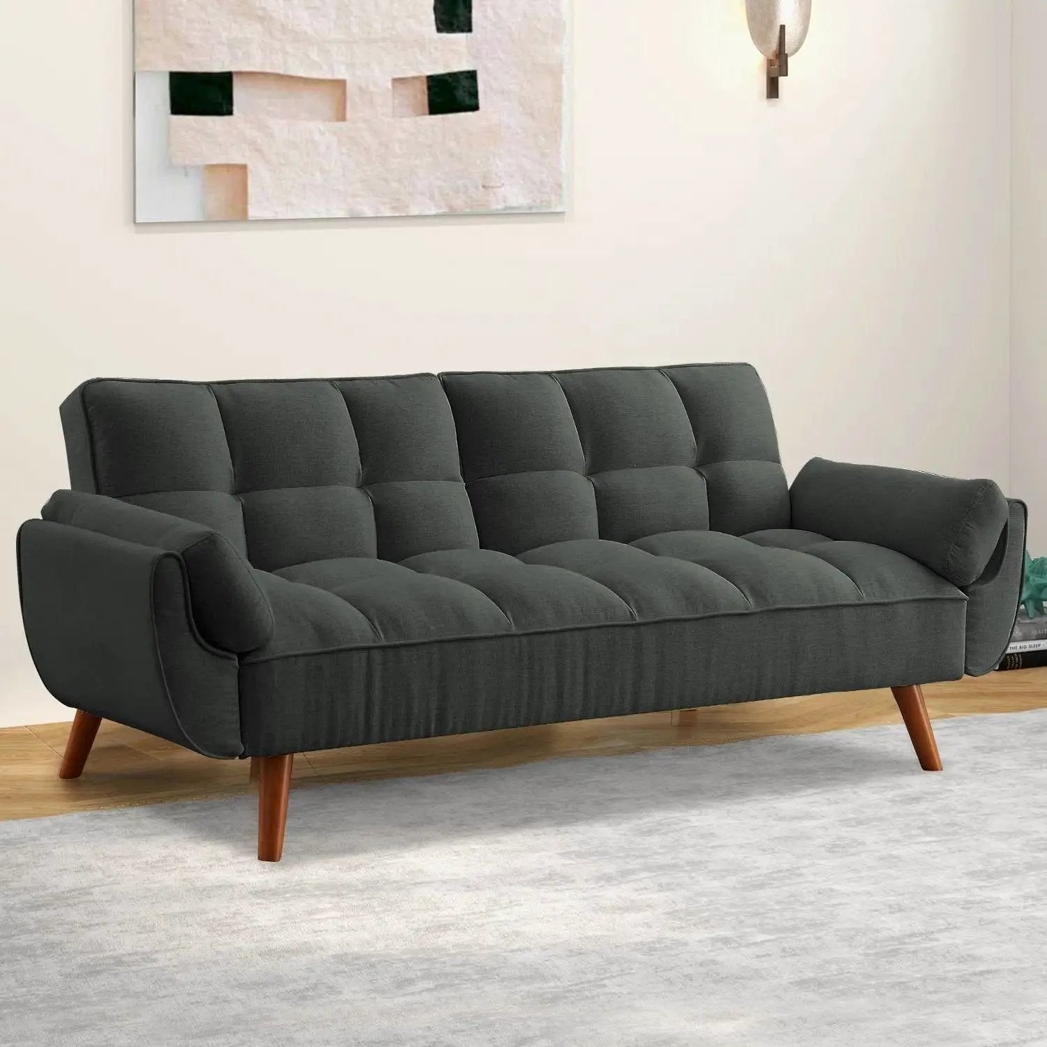 Mid-Century Modern Sofa Bed in Dark Grey Linen Polyester Tufted Upholstery by HomePacific