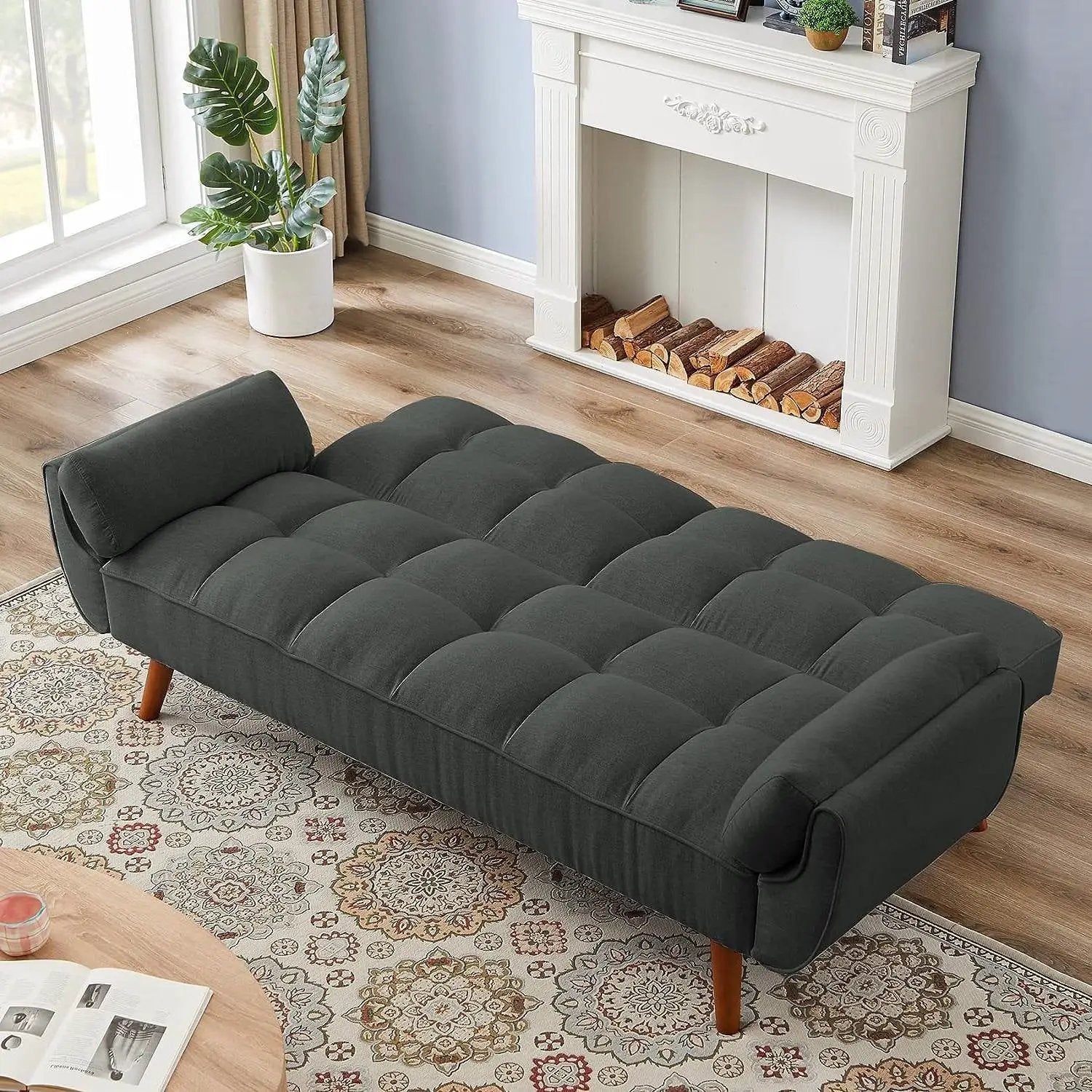 Mid-Century Modern Sofa Bed in Dark Grey Linen Polyester Tufted Upholstery by HomePacific