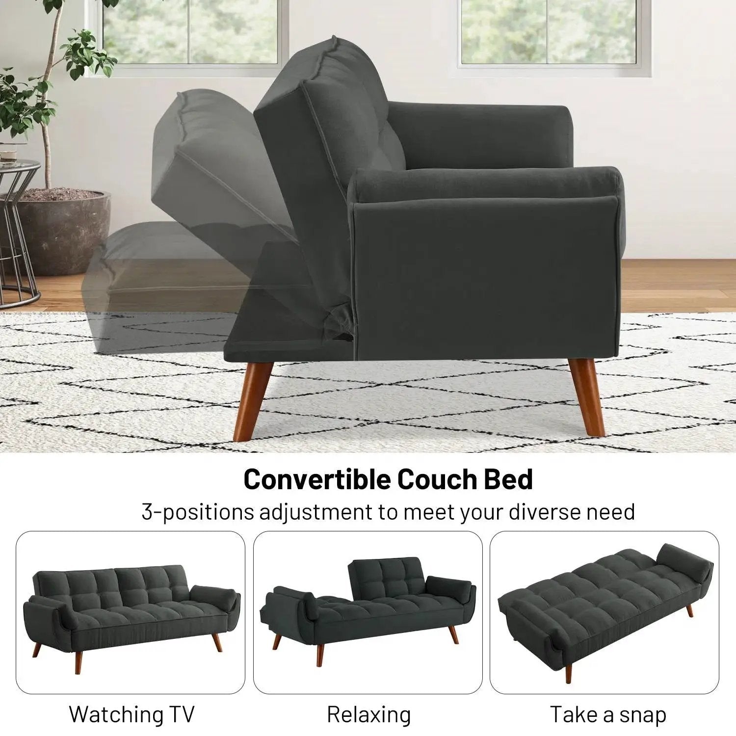 Mid-Century Modern Sofa Bed in Dark Grey Linen Polyester Tufted Upholstery by HomePacific
