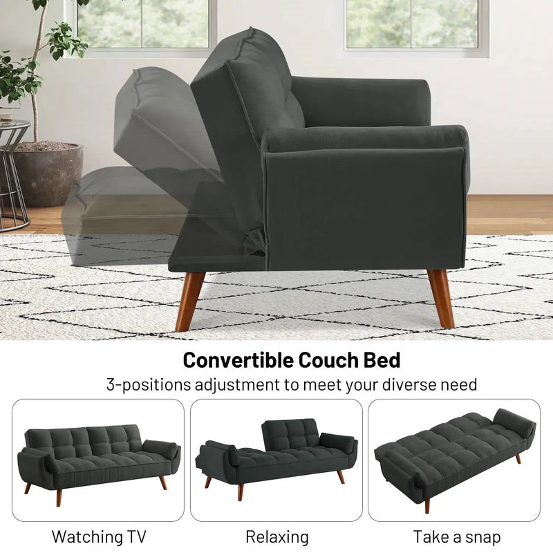 Mid-Century Modern Sofa Bed in Dark Grey Linen Polyester Tufted Upholstery by HomePacific