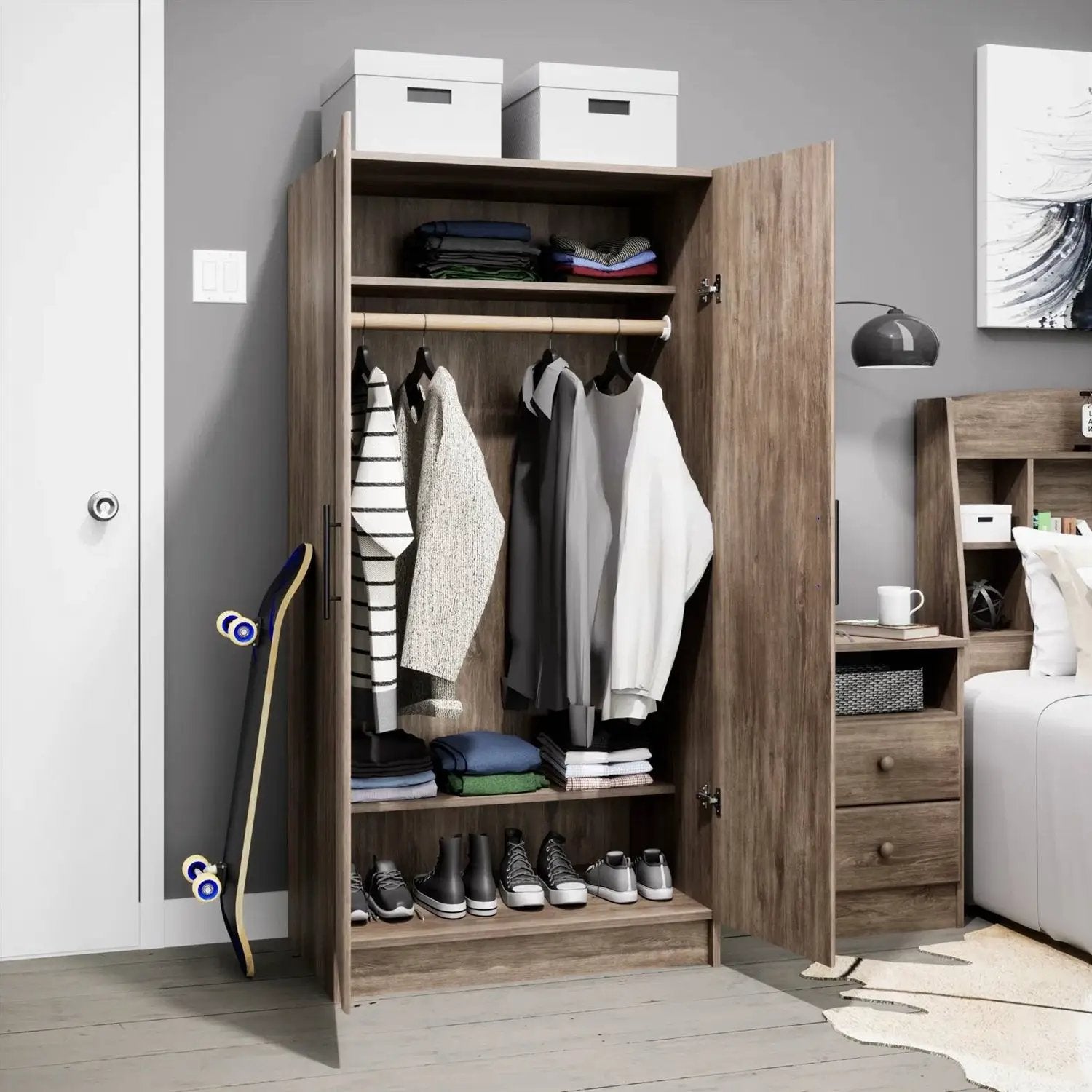 Bedroom Armoire Wardrobe Cabinet with Hanging Rail in Grey Brown Wood Finish by HomePacific