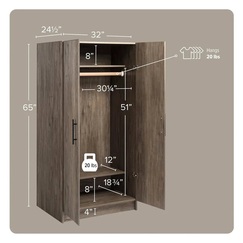 Bedroom Armoire Wardrobe Cabinet with Hanging Rail in Grey Brown Wood Finish by HomePacific