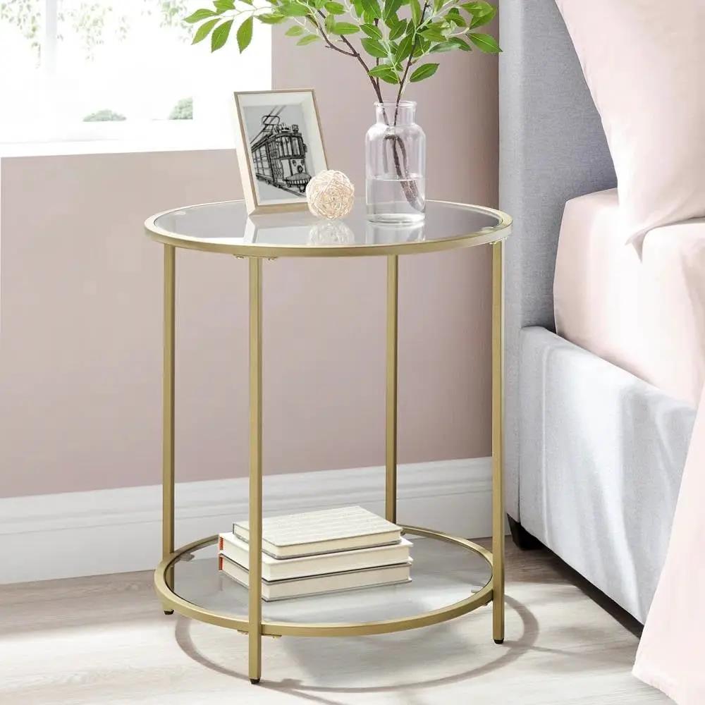 Modern Glass Top Round Metal End Table Nightstand with Bottom Shelf in Gold by HomePacific