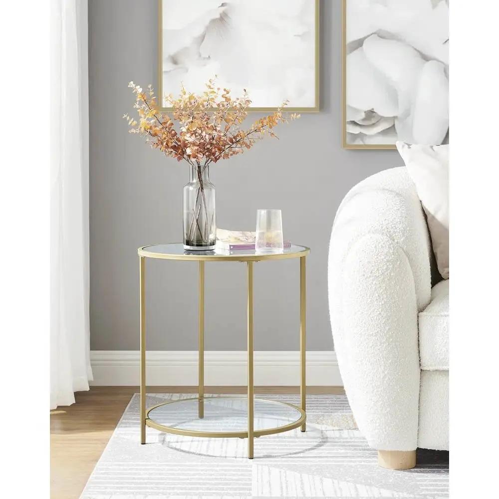Modern Glass Top Round Metal End Table Nightstand with Bottom Shelf in Gold by HomePacific