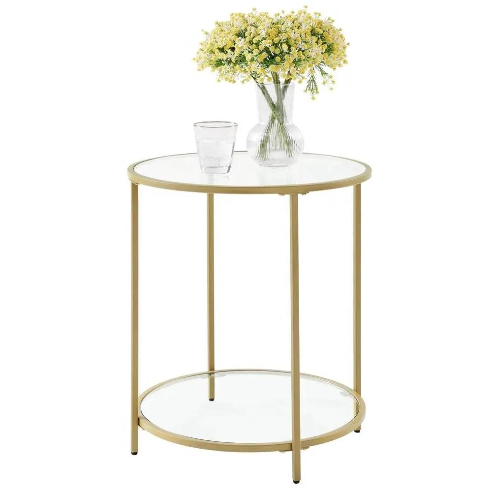 Modern Glass Top Round Metal End Table Nightstand with Bottom Shelf in Gold by HomePacific