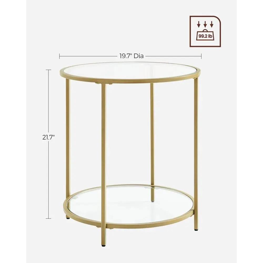 Modern Glass Top Round Metal End Table Nightstand with Bottom Shelf in Gold by HomePacific