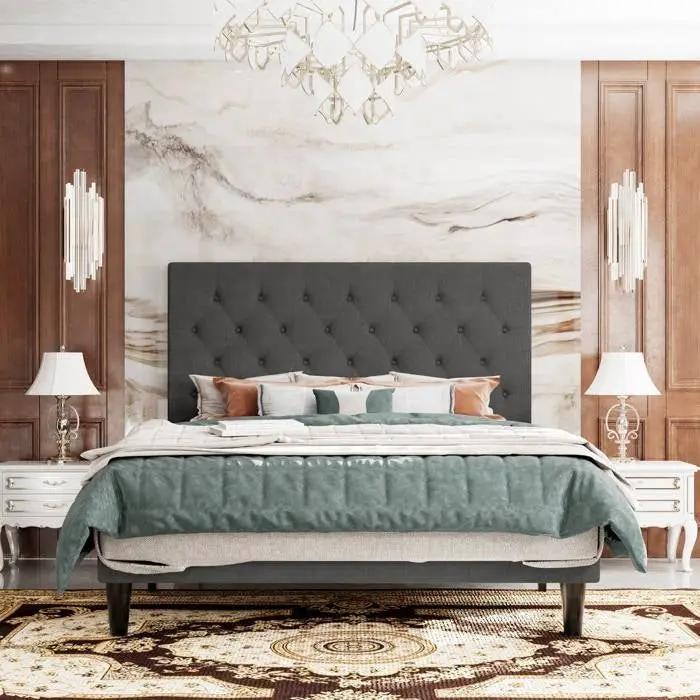 King Size Adjustable Height Grey Linen Tufted Low Profile Platform Bed by HomePacific
