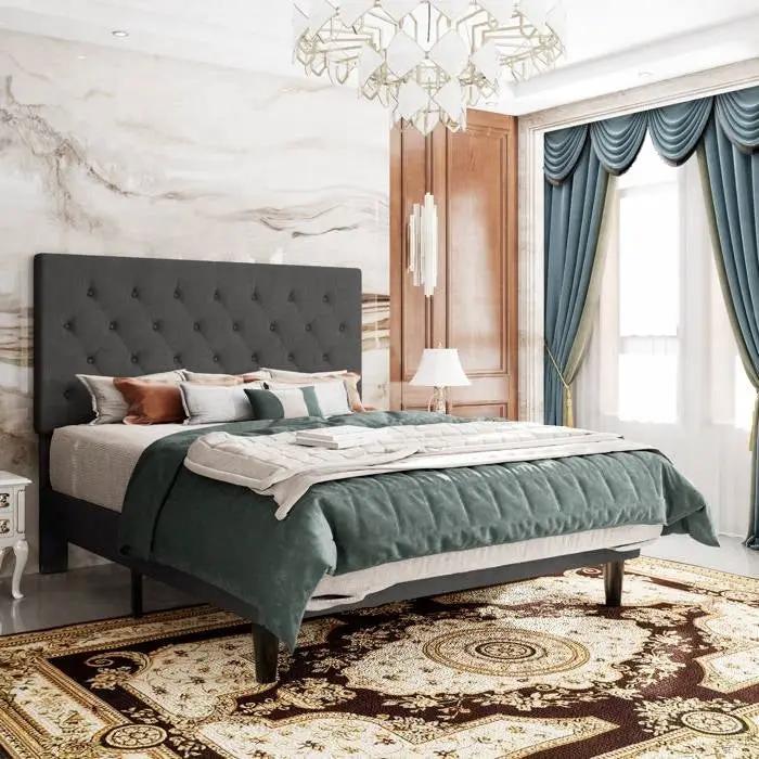King Size Adjustable Height Grey Linen Tufted Low Profile Platform Bed by HomePacific