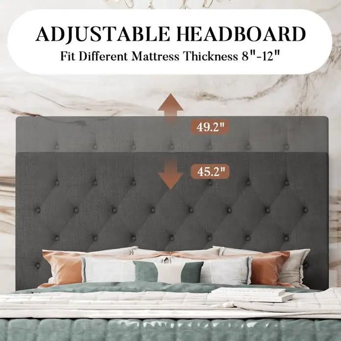 King Size Adjustable Height Grey Linen Tufted Low Profile Platform Bed by HomePacific