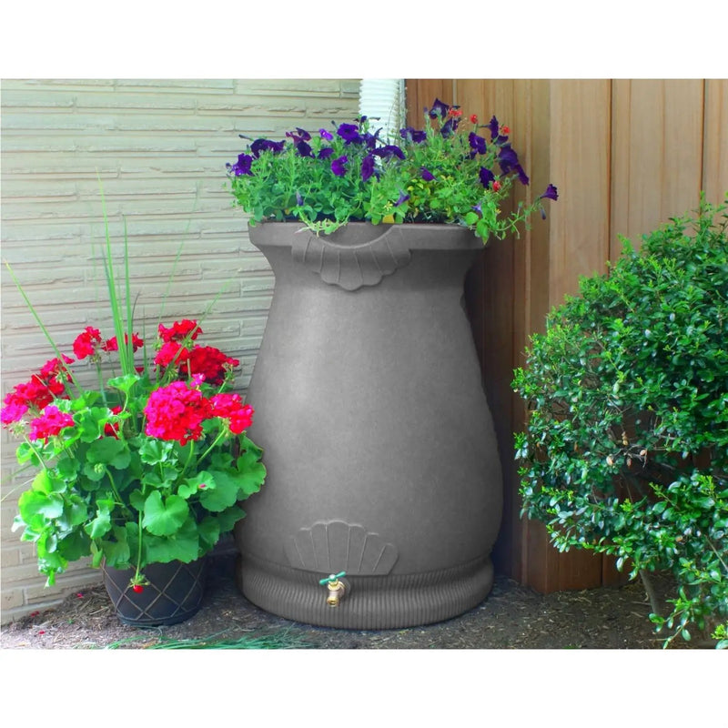 Grey Granite 65 Gallon Plastic Urn Rain Barrel with Planter Top by HomePacific