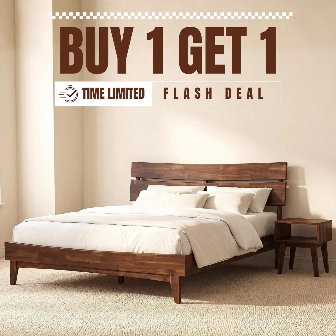 [Buy 1 Get 1] Aurora Solid Wood Bed Frame & Nightstand by Megsu