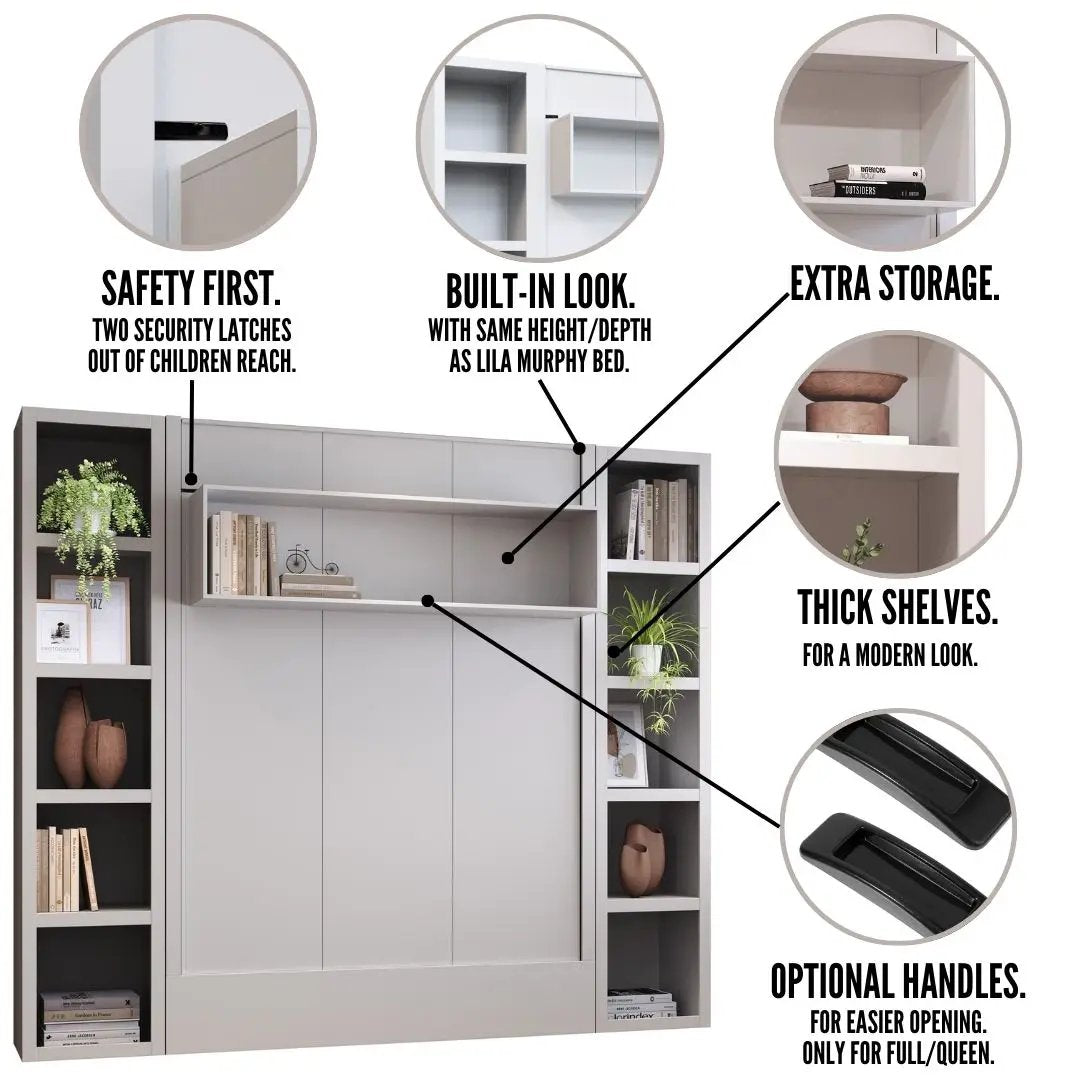 Easy-Lift Queen Murphy Wall Bed in White with Two Bookshelves by Sharicks