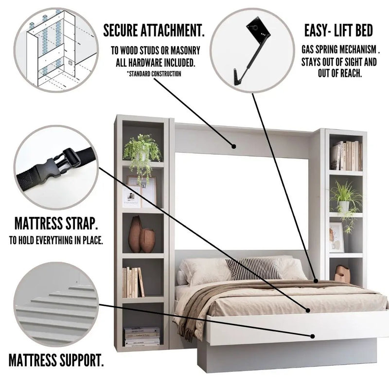 Easy-Lift Queen Murphy Wall Bed in Grey with Two Bookshelves by Sharicks