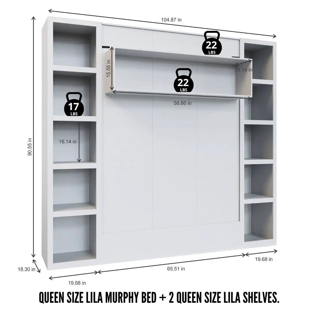 Easy-Lift Queen Murphy Wall Bed in White with Two Bookshelves by Sharicks