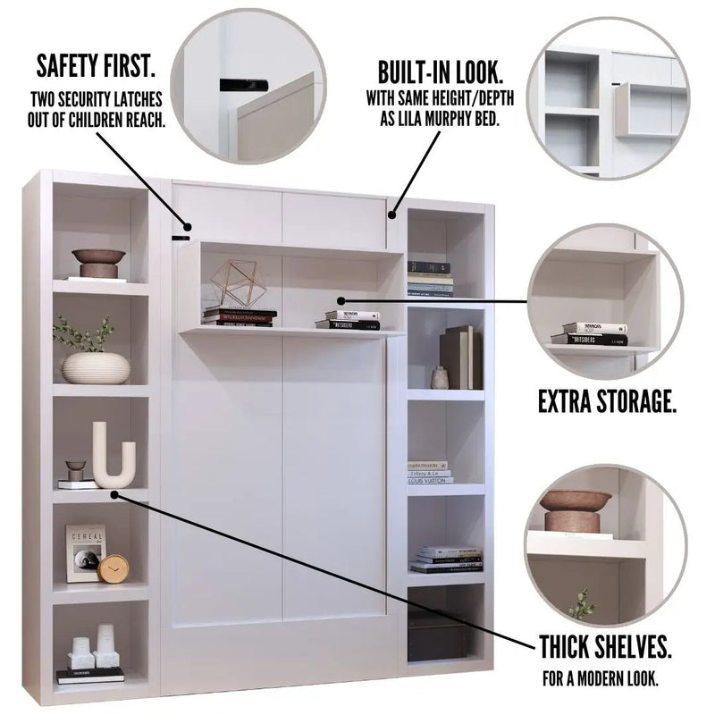 Easy-Lift Twin Murphy Wall Bed in White with Two Bookshelves by Sharicks