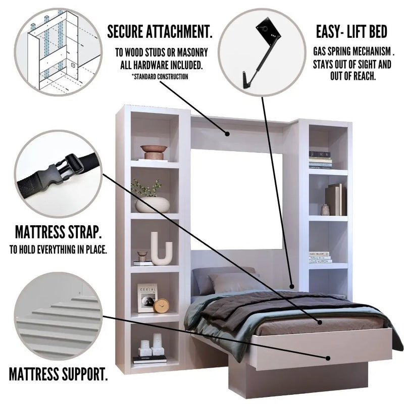 Easy-Lift Twin Murphy Wall Bed in White with Two Bookshelves by Sharicks