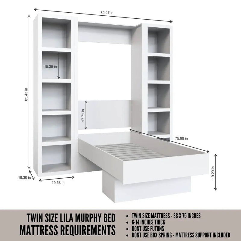 Easy-Lift Twin Murphy Wall Bed in Natural Brown Wood Grain with Two Bookshelves by Sharicks