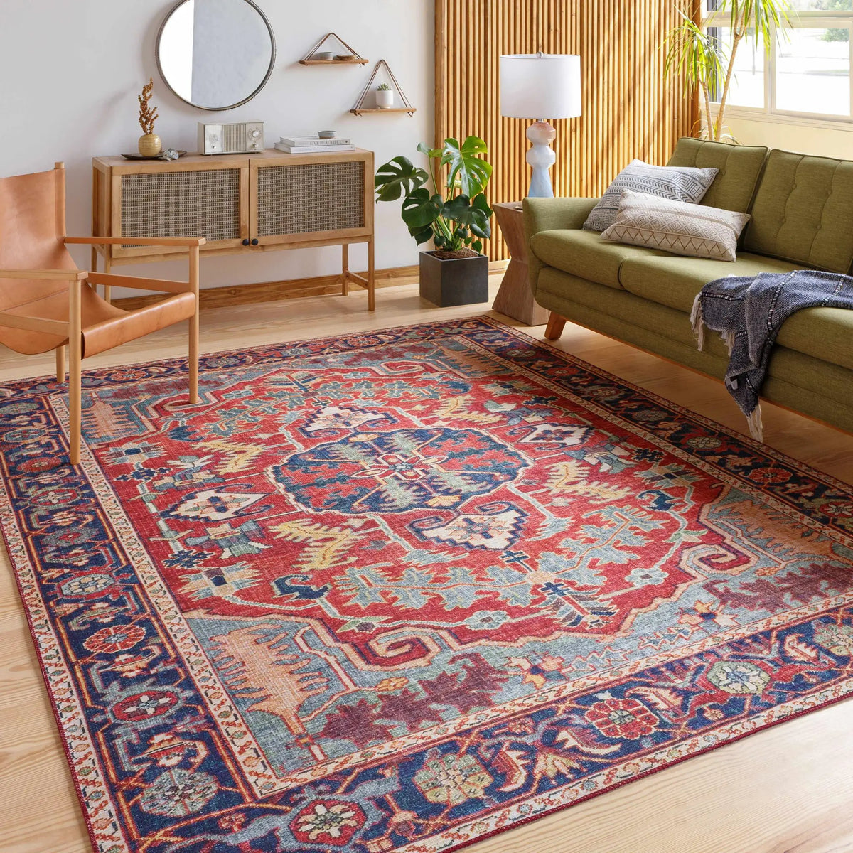 Dorcas Red Performance Rug, installed in a room