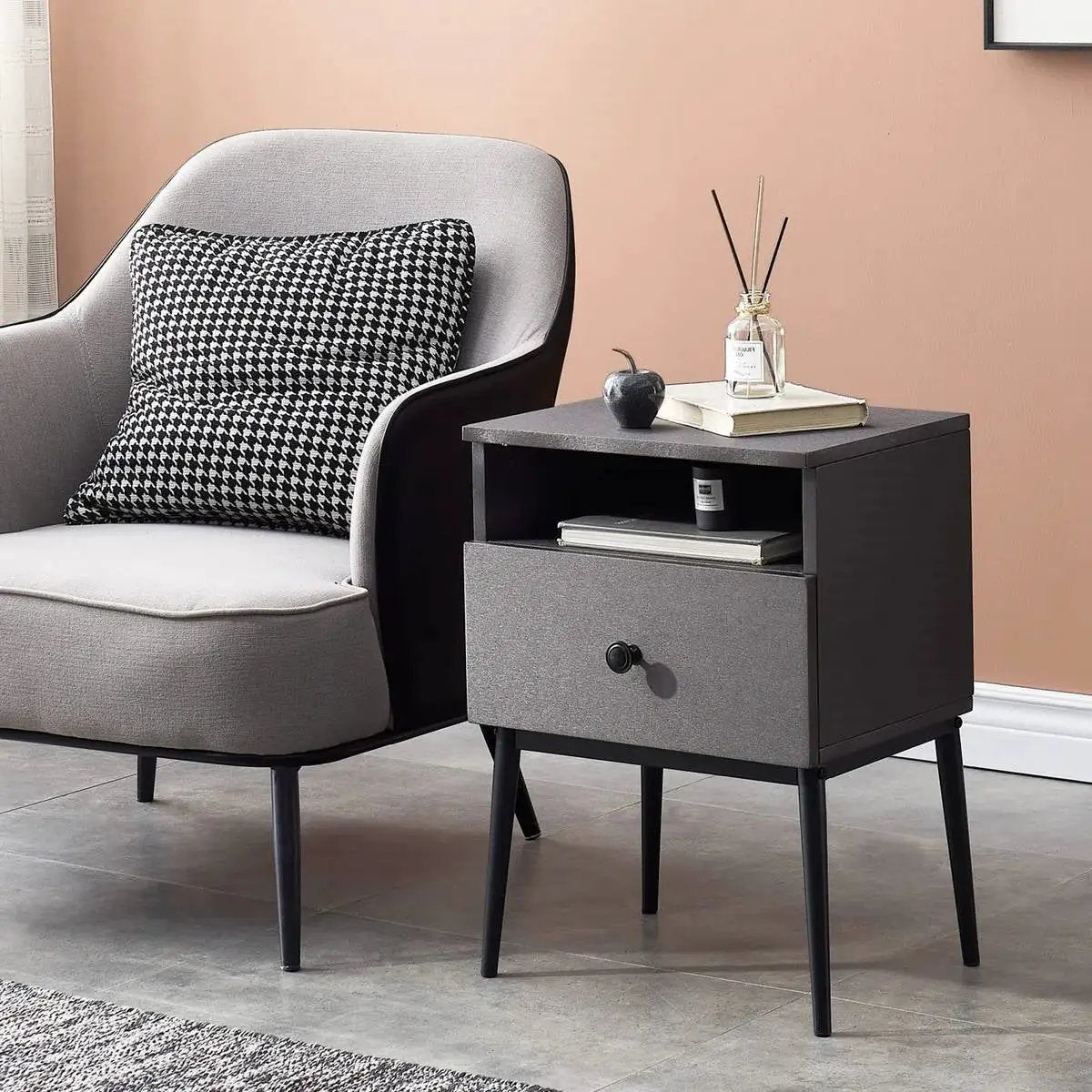 Mid Century Modern End Table Nightstand in Grey Black Wood Finish by HomePacific