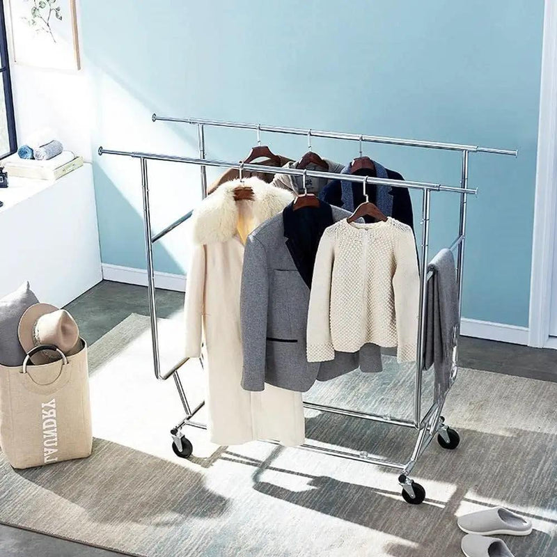 Heavy Duty Double Bar Clothes Hanging Garment Rack on Lockable Wheels by HomePacific