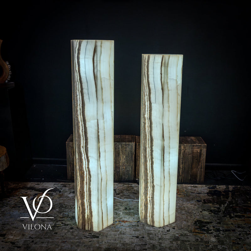 White Ice Onyx Floor Lamp - Pair - Large - 59 & 55"H x 13.5"W - Hexagon, photo 7 of 10