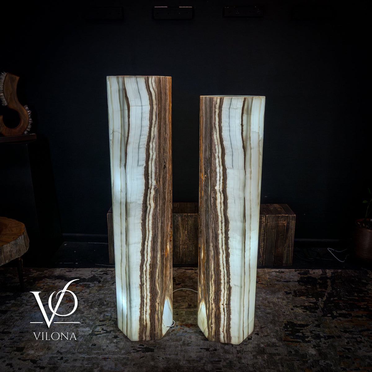 White Ice Onyx Floor Lamp - Pair - Large - 59 & 55"H x 13.5"W - Hexagon, photo 2 of 10