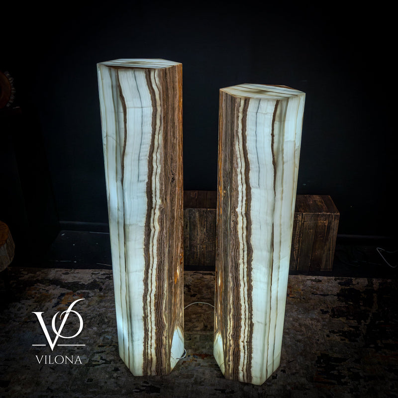 White Ice Onyx Floor Lamp - Pair - Large - 59 & 55"H x 13.5"W - Hexagon, photo 4 of 10