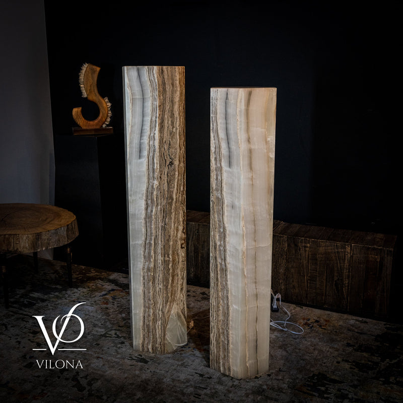White Ice Onyx Floor Lamp - Pair - Large - 59 & 55"H x 13.5"W - Hexagon, photo 8 of 10