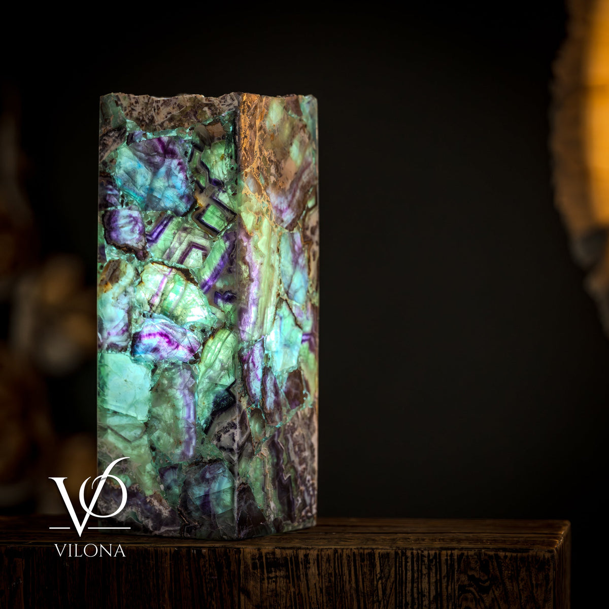 Fluorite Table Lamp - 16" Tall, 5.75"x5.75" Live Edge Square - (Small #17), photo 6 of 11