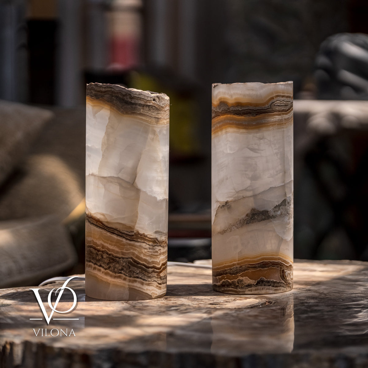 White Ice Onyx - 12" Tall, x 4.5" Diameter (Small Live Edge Table Lamp Pair #2), photo 9 of 10