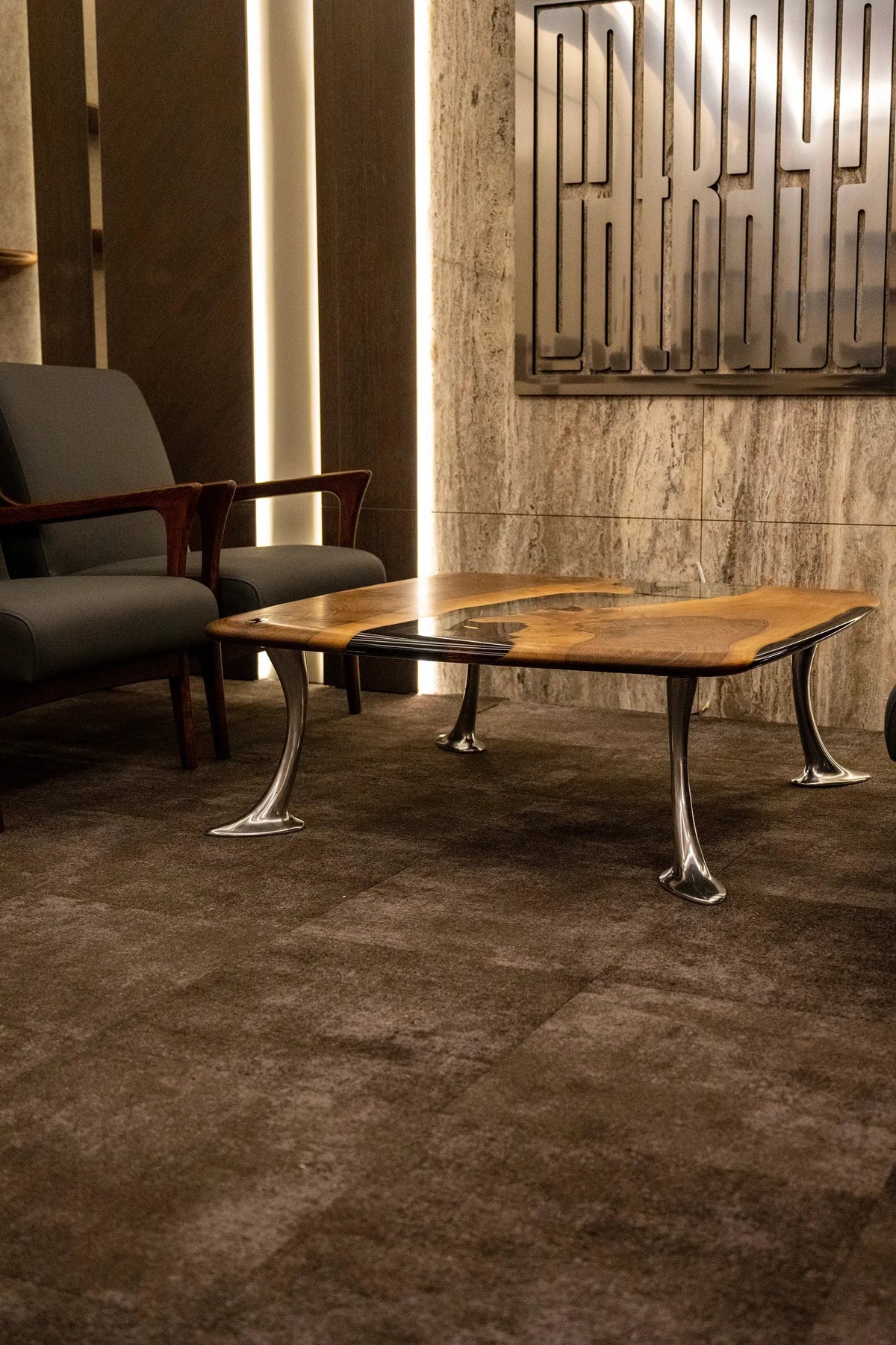 Luxury D-Shaped Walnut & Epoxy Executive Desk, photo 12 of 20
