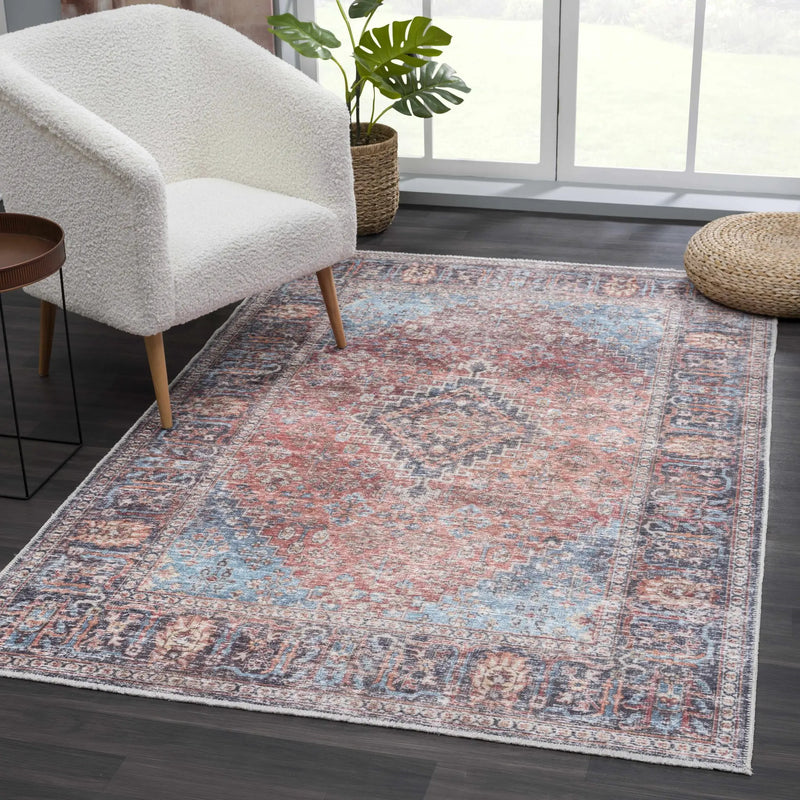 Blue Burgundy Holi-2302 Washable Area Rug by Hauteloom