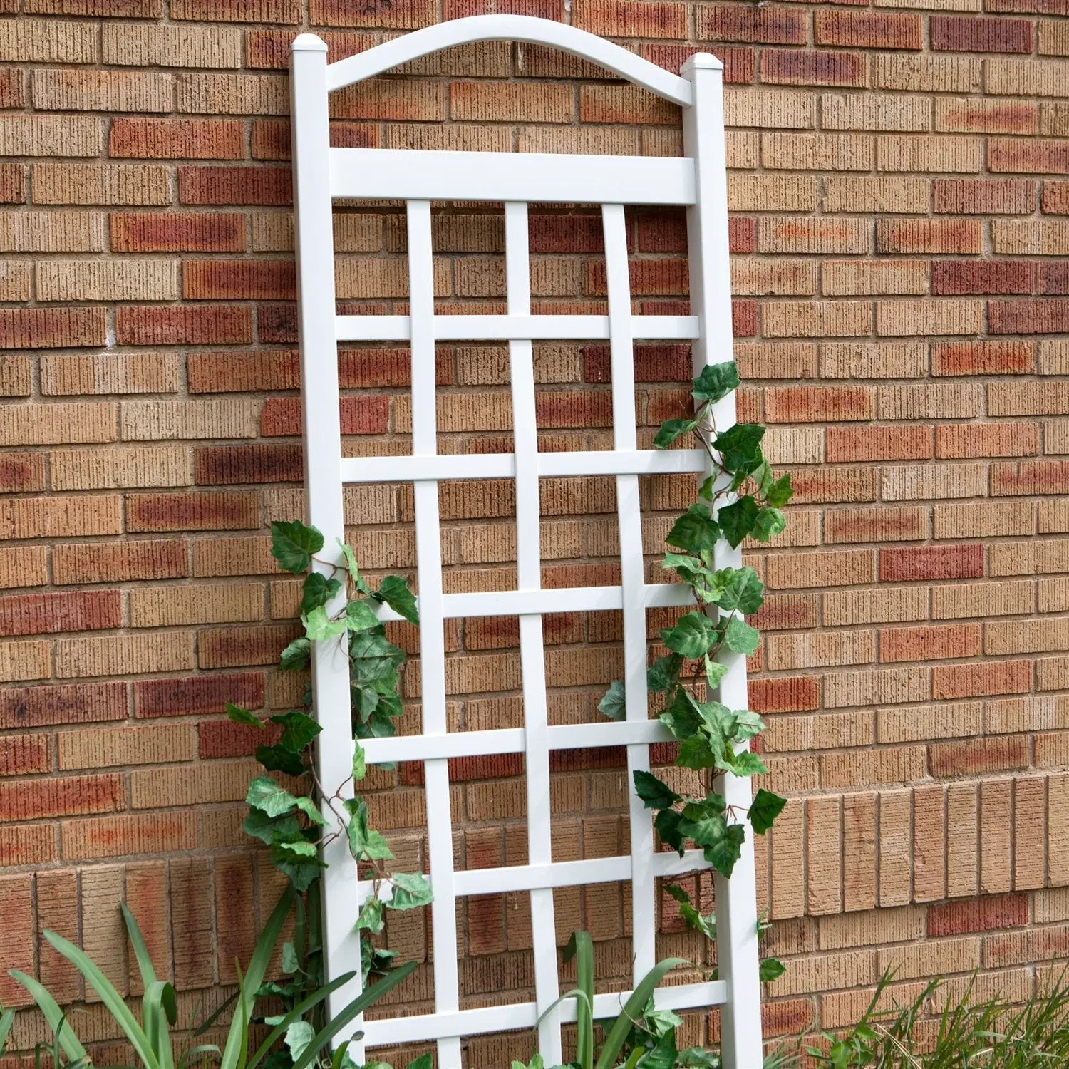 6 Ft White Vinyl Garden Trellis with Arch Top with Ground Mount Anchors by HomePacific