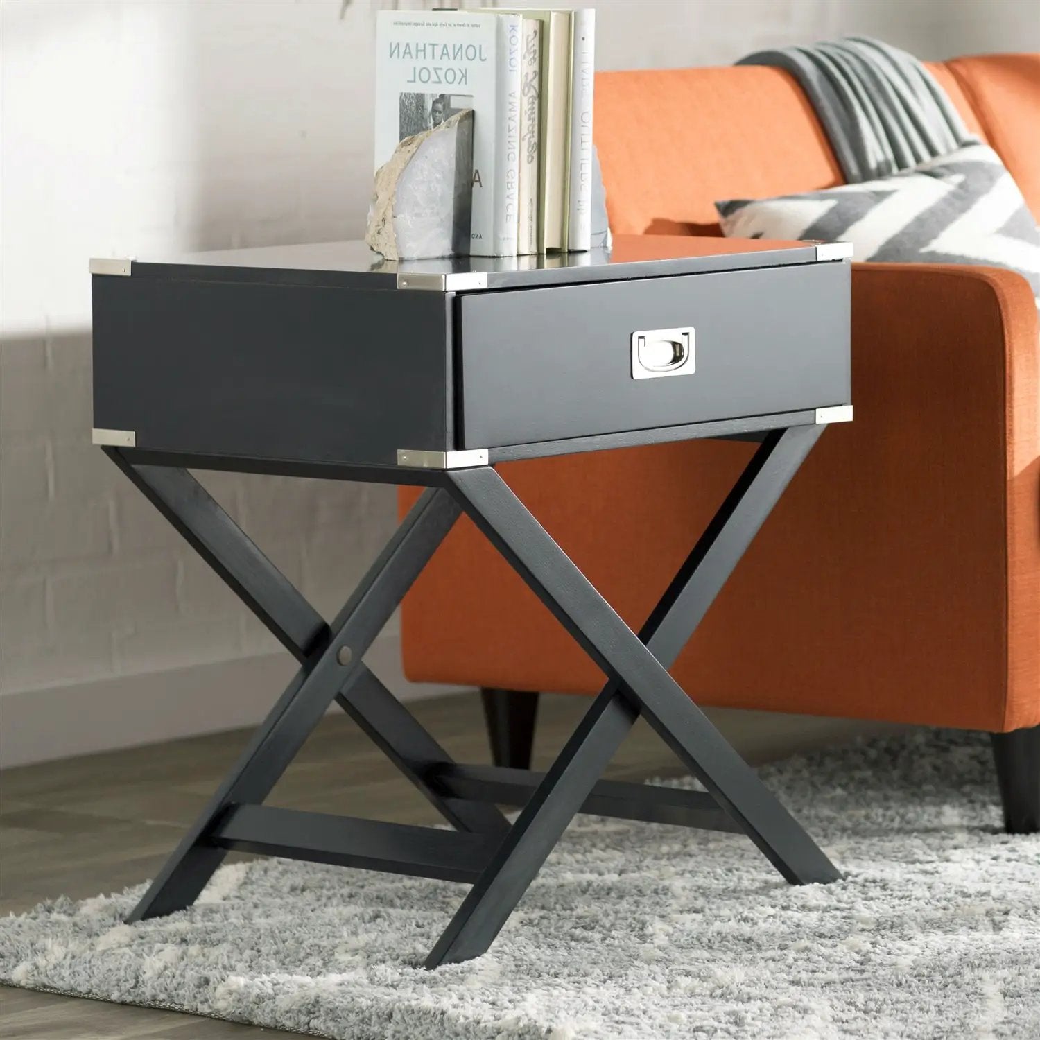 Dark Grey Black 1-Drawer End Table Nightstand with Modern Classic X Style Legs by HomePacific