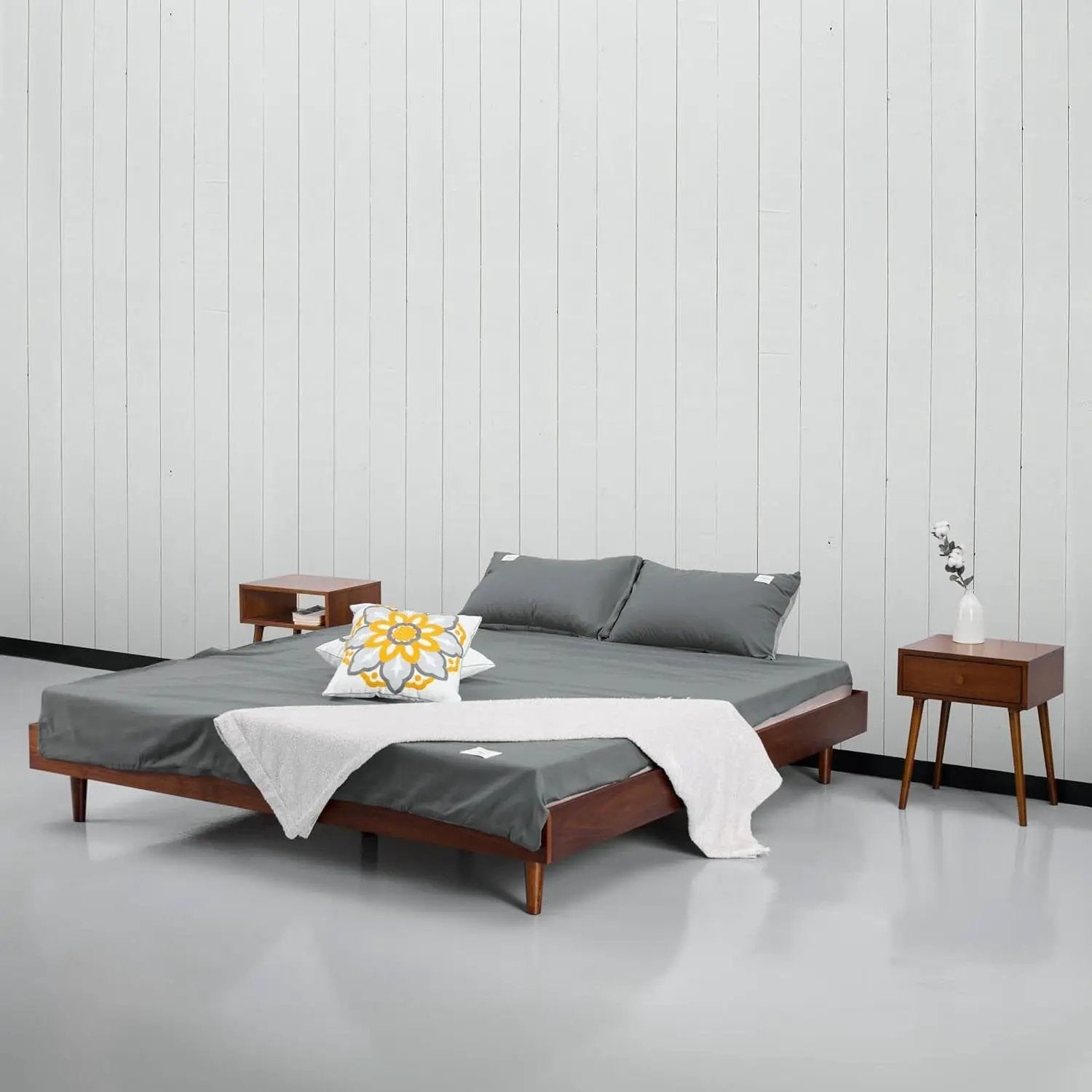 King size Mid-Century Modern Platform Bed Frame in Dark Brown Wood Finish by HomePacific