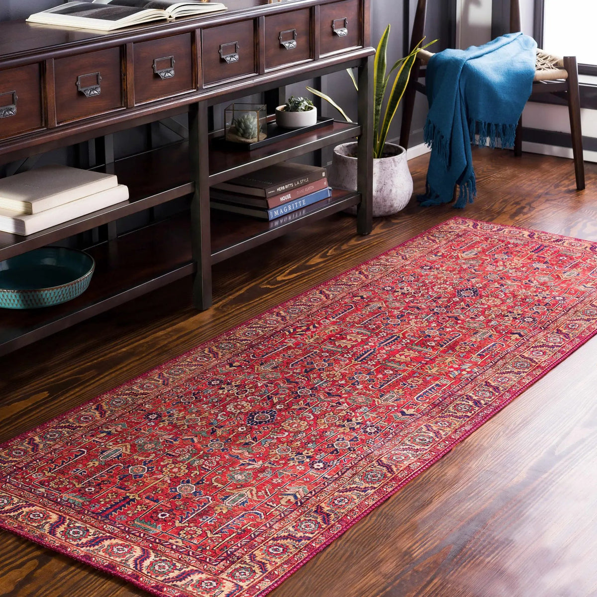 Edwardsburg Traditional Red Rug, installed in a room 3