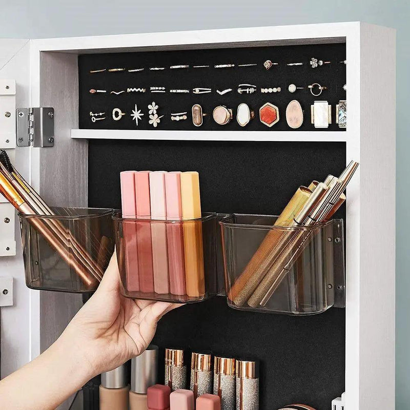 Modern Black Metal White Wood Jewelry Armoire Cabinet Organizer Mirror on Wheels by HomePacific