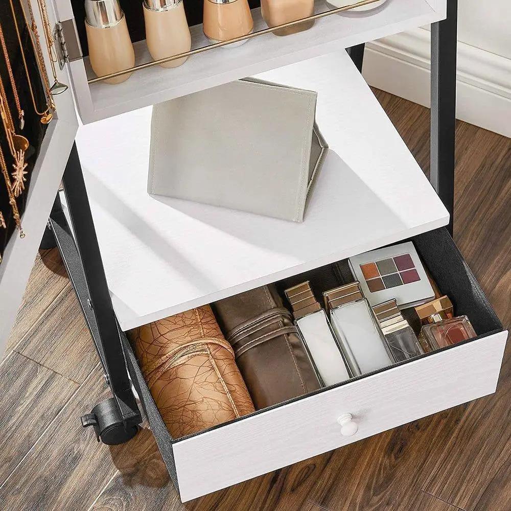 Modern Black Metal White Wood Jewelry Armoire Cabinet Organizer Mirror on Wheels by HomePacific