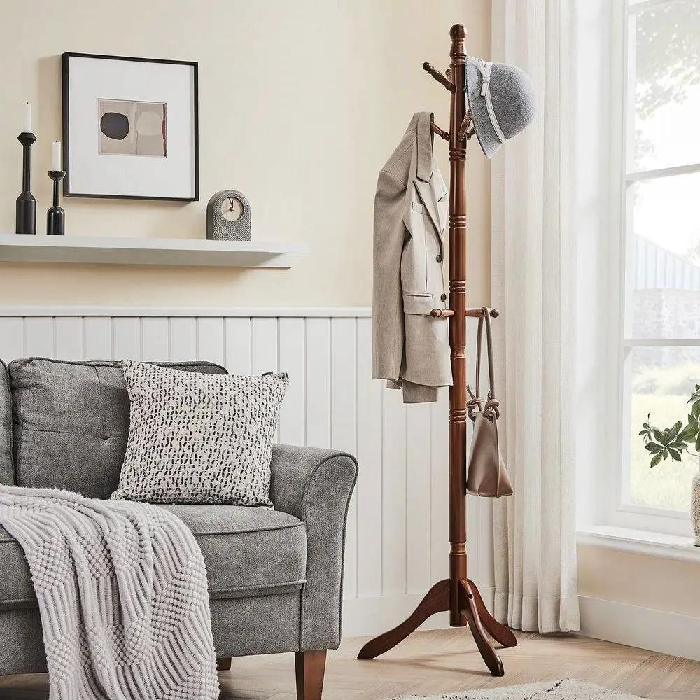 Adjustable Height Solid Wood Coat Rack with 10 Hooks in Dark Brown Finish by HomePacific