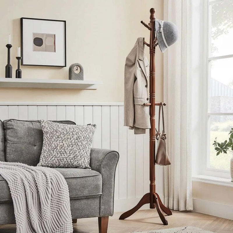 Adjustable Height Solid Wood Coat Rack with 10 Hooks in Dark Brown Finish by HomePacific