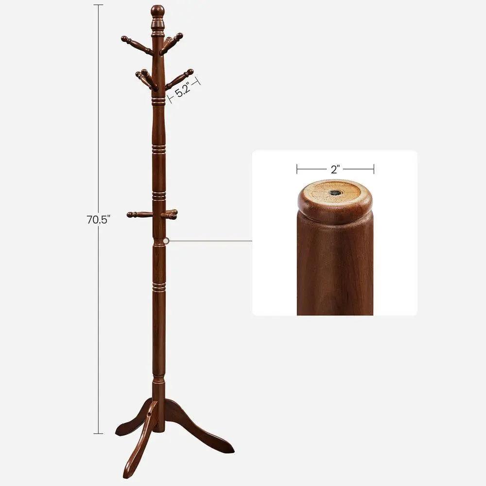 Adjustable Height Solid Wood Coat Rack with 10 Hooks in Dark Brown Finish by HomePacific
