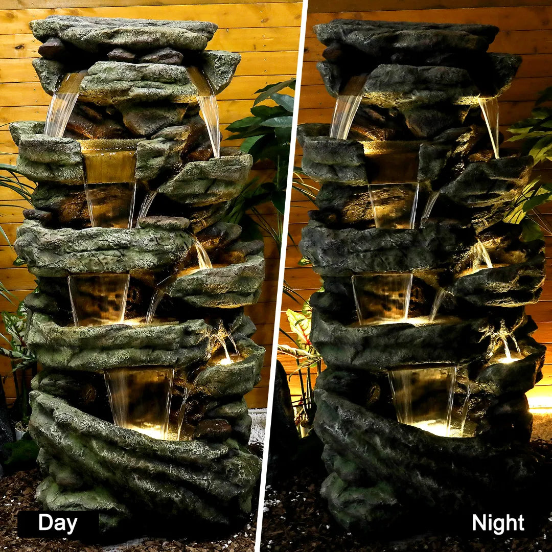 Resin Stacked Stone Rock Waterfall Outdoor Fountain with LED, photo 5 of 6