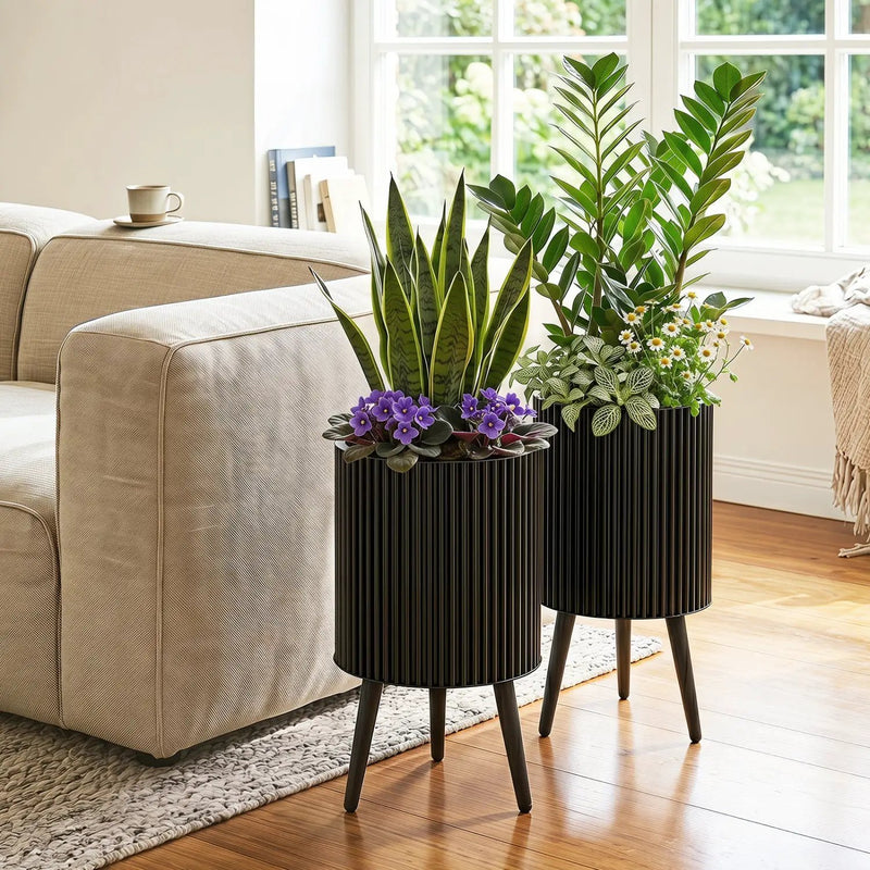 Fluted Metal Planter Pots with Stand Set of 2 by DirectDeals