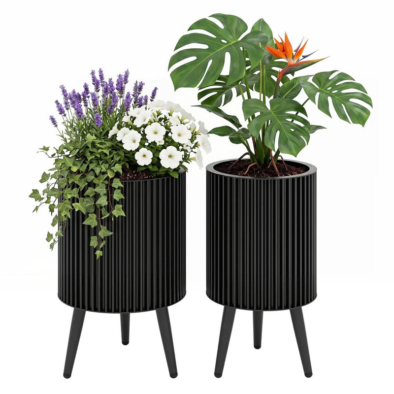 Fluted Metal Planter Pots with Stand Set of 2 by DirectDeals