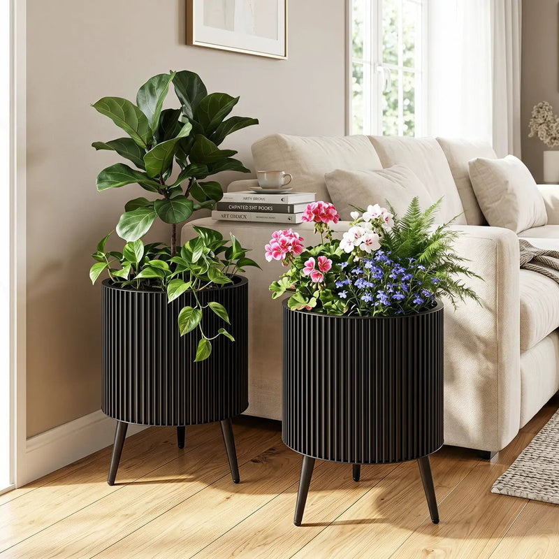 Fluted Metal Planter Pots with Stand Set of 2 by DirectDeals