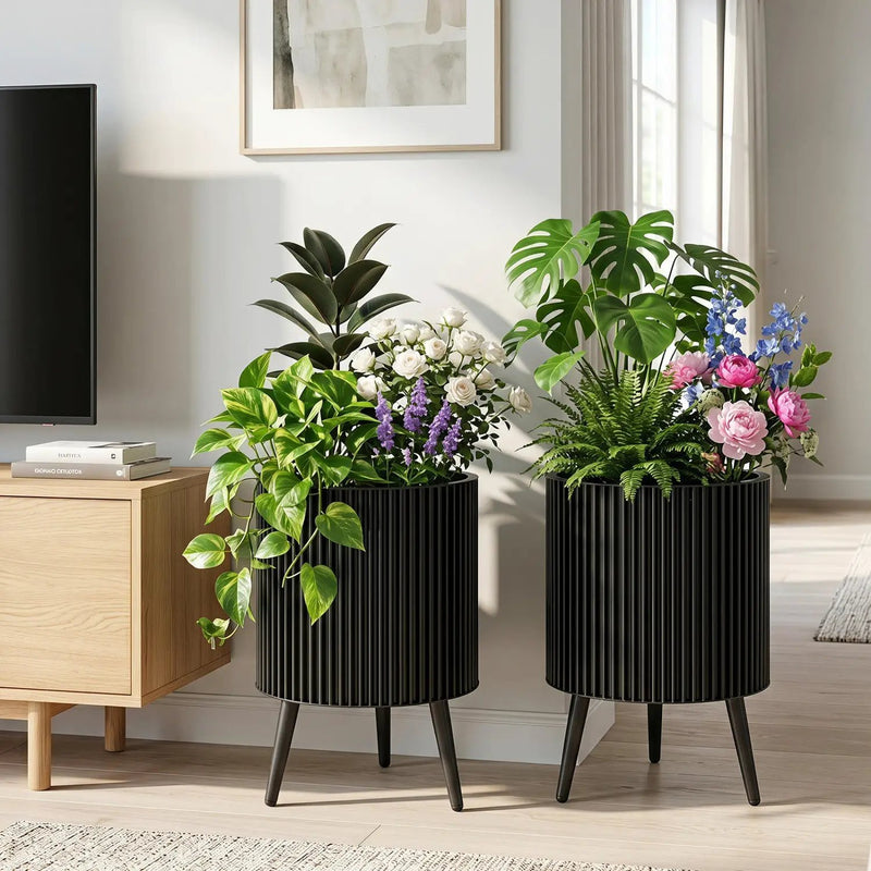 Fluted Metal Planter Pots with Stand Set of 2 by DirectDeals