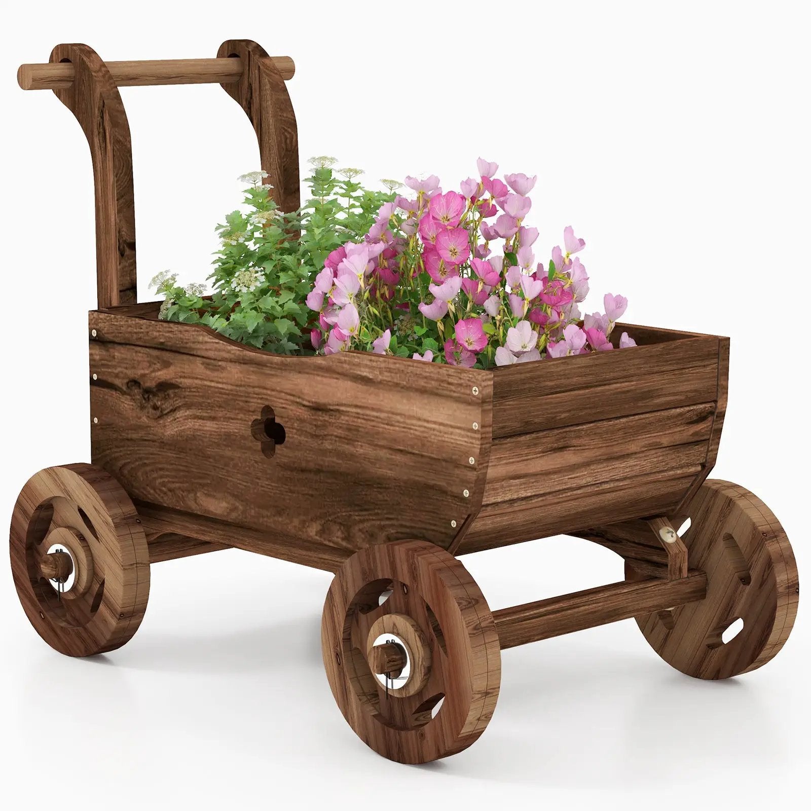 Decorative Wooden Wagon Cart with Handle Wheels and Drainage Hole-Rustic Brown by DirectDeals